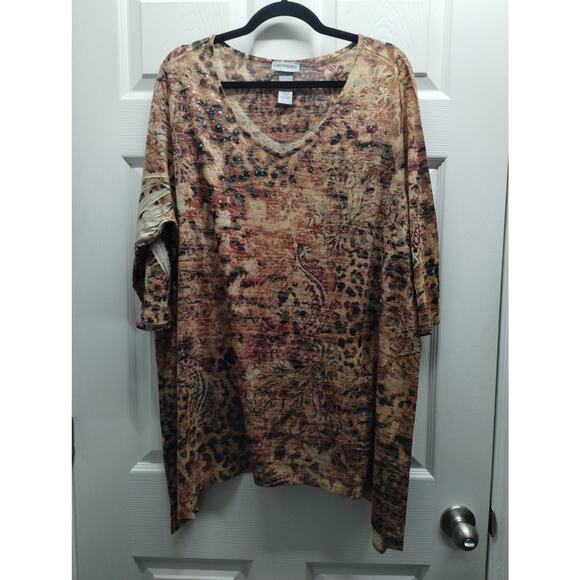 Catherines Size 18/20W (1X) Brown Animal Abstract Embellished Asymmetric Hem Top - Picture 1 of 6